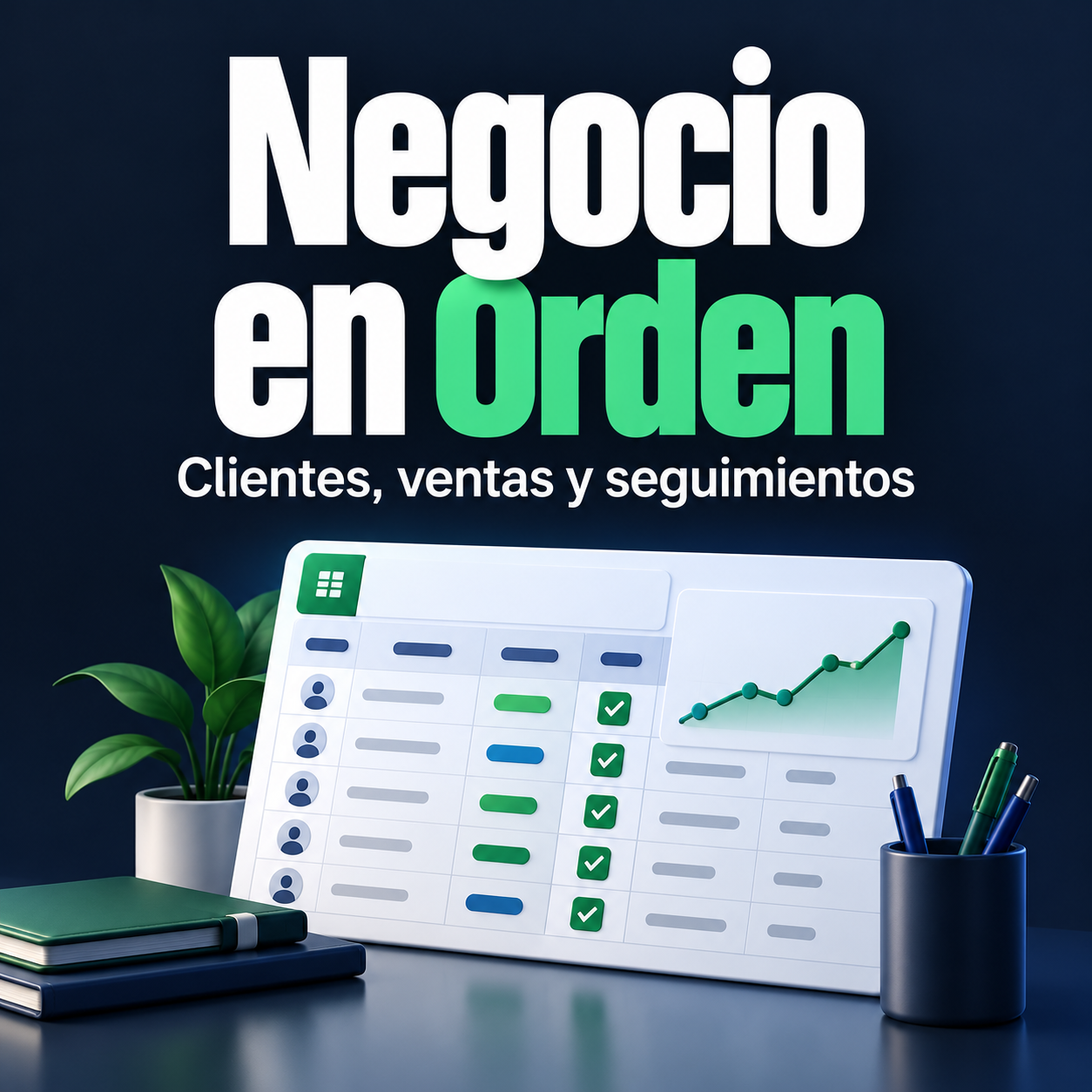 Negocio en Orden: clientes, ventas y seguimientos, ilustrado con un panel de organización